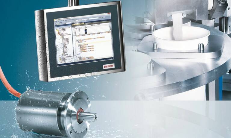 Les nouveaux réducteurs planétaires en inox AG2800 de Beckhoff Automation complètent la gamme de servomoteurs AM8800 pour réaliser un axe complet au design hygiénique. © Beckhoff Automation