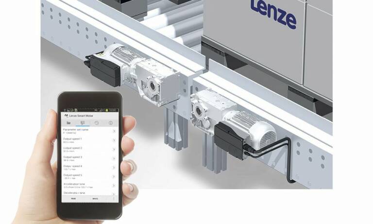 Lenze a conçu pour les installations de convoyage un motoréducteur électrique qui n’a pas besoin d’être câblé à une armoire de contrôle-commande. L’intelligence est décentralisée dans le moteur. Il est paramétrable directement avec un SmartPhone via une application dédiée. © Lenze