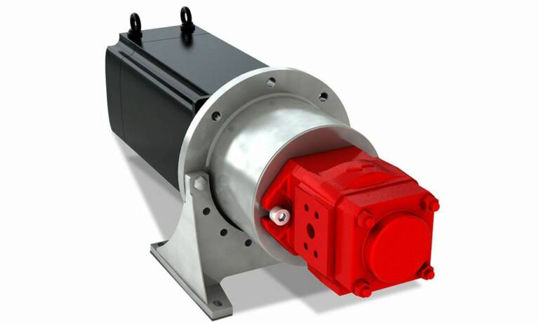 Hydac a mis au point le système Kinesys combinant ses pompes à engrenage interne PGI avec un moteur équipé d’un convertisseur de fréquence. © Hydac