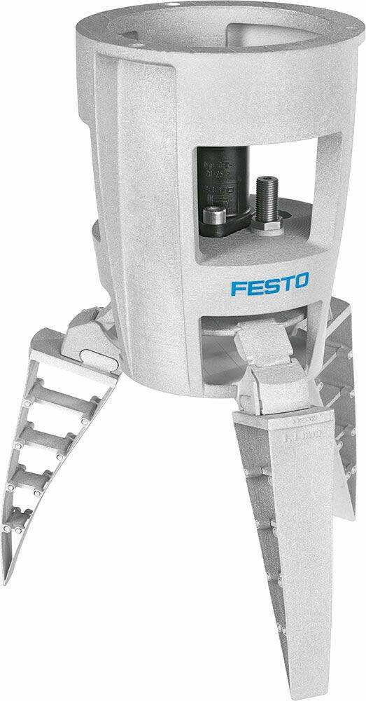 Le préhenseur « FinGripper » DHDG est fabriqué selon une méthode de prototypage rapide (Rapid Manufacturing) réduisant les coûts de production et favorisant le recyclage du matériel non-utilisé. © Festo