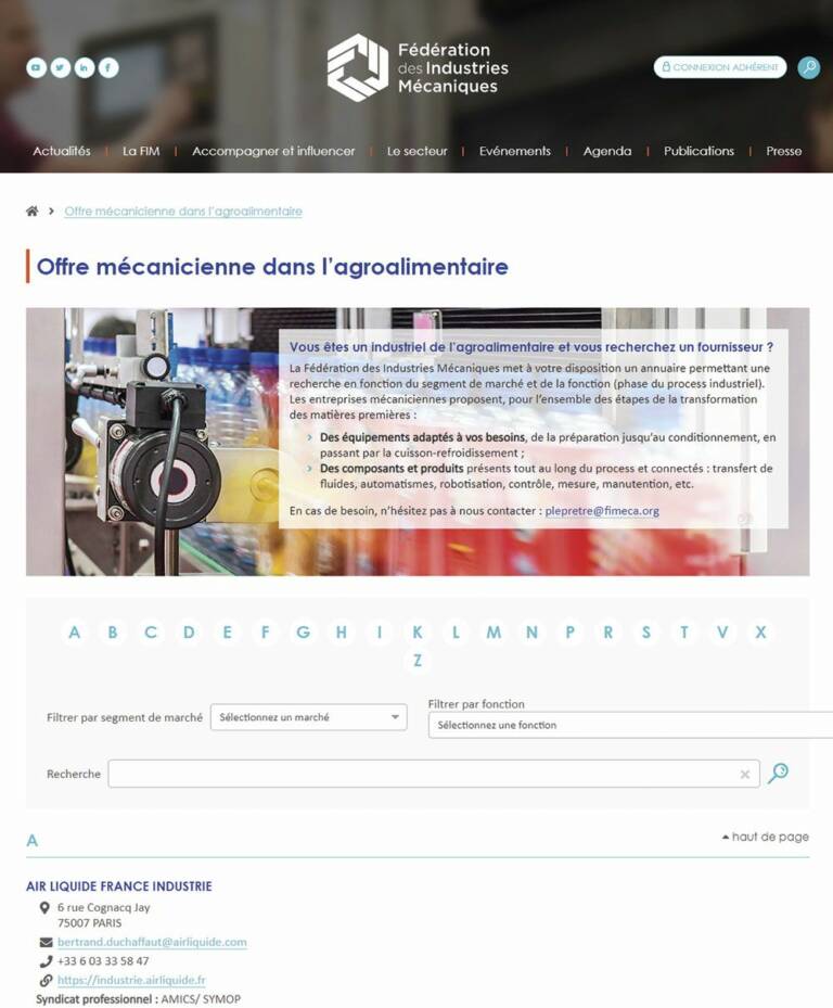 Annuaire des offreurs mécaniciens dédié à l’agroalimentaire. Fim