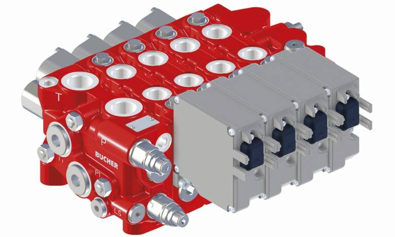 La commande de tiroir par moteur pas à pas (stepper motor) permet de s’affranchir de tous les problèmes d’huile à basse ou haute température qui perturbent la commande hydraulique classique. © Bucher Hydraulics