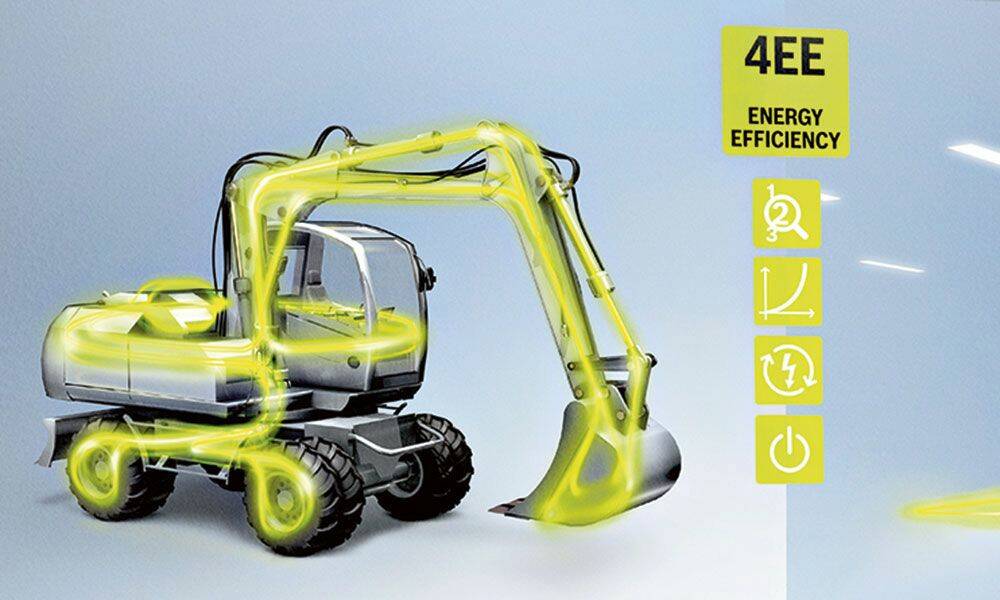 La démarche Efficacité Energétique de Bosch Rexroth est basée sur le concept 4EE : conception du système énergétique, composants économes, fourniture d’énergie à la demande, récupération d’énergie. © Bosch Rexroth